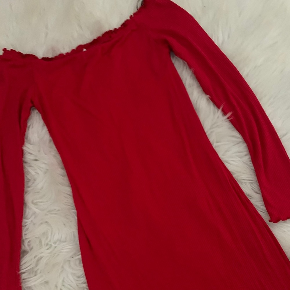 Red Ribbed Lettuce Edge Bodycon Long Sleeve Dress